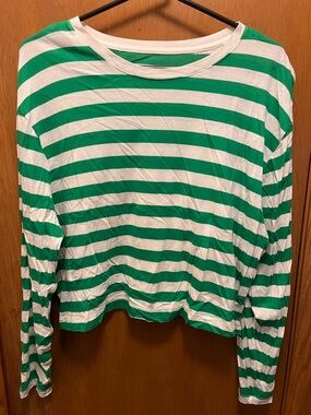 Green and White Striped Long Sleeve Top